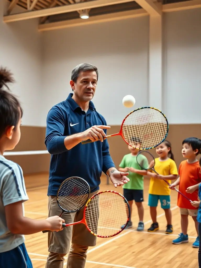 A group of badminton students receiving instruction from a certified coach at the Roanne Badminton Club's badminton school.