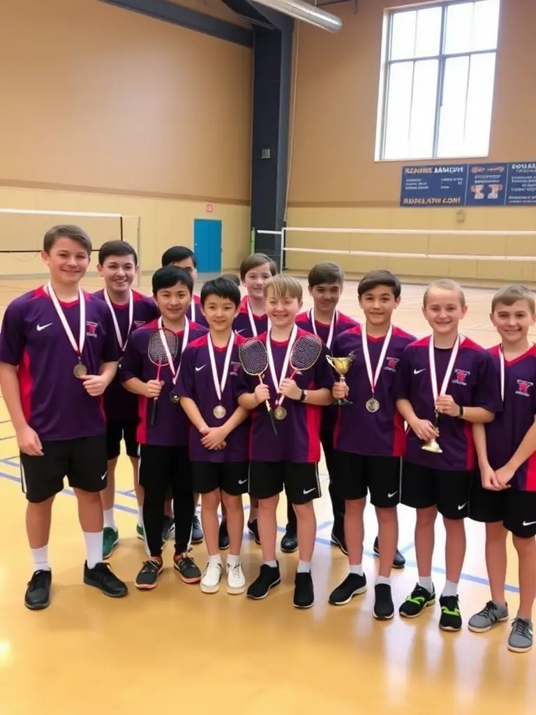 A group photo of the ROANNE BADMINTON CLUB (CBR42) youth team, proudly displaying their medals and trophies after winning a local badminton tournament.