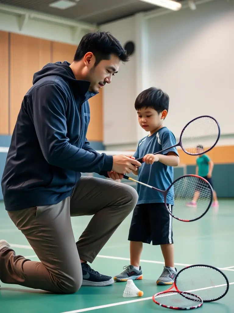 A coach giving personalized instruction to a young badminton player, correcting their stance and grip at the ROANNE BADMINTON CLUB (CBR42).
