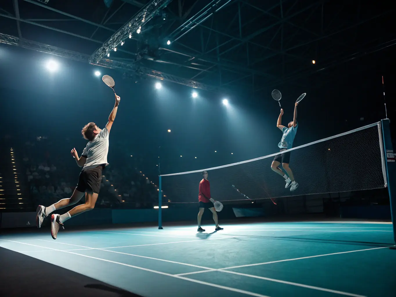 A dynamic action shot of young badminton players participating in a training session at ROANNE BADMINTON CLUB, showcasing their energy and enthusiasm.