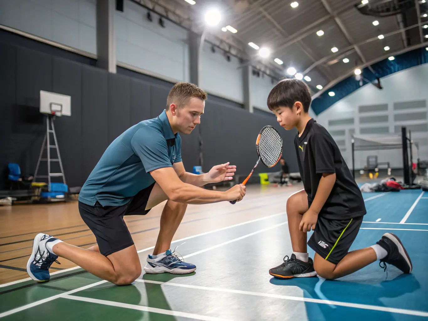 A focused image of a badminton coach providing personalized training to a player at ROANNE BADMINTON CLUB, emphasizing the club's commitment to individual development.