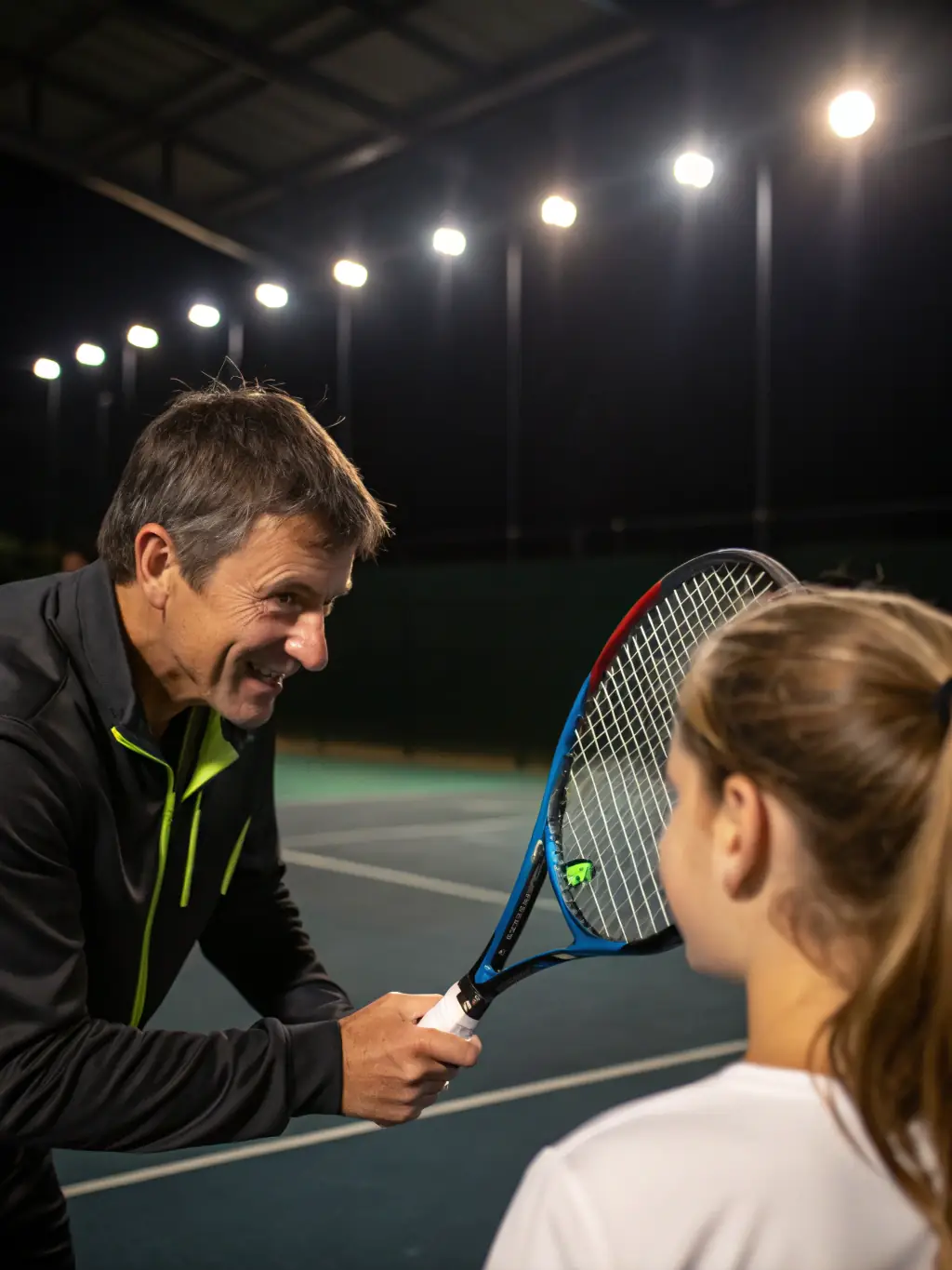 A badminton coach demonstrating a specific technique to a player during a one-on-one training session at the ROANNE BADMINTON CLUB (CBR42).