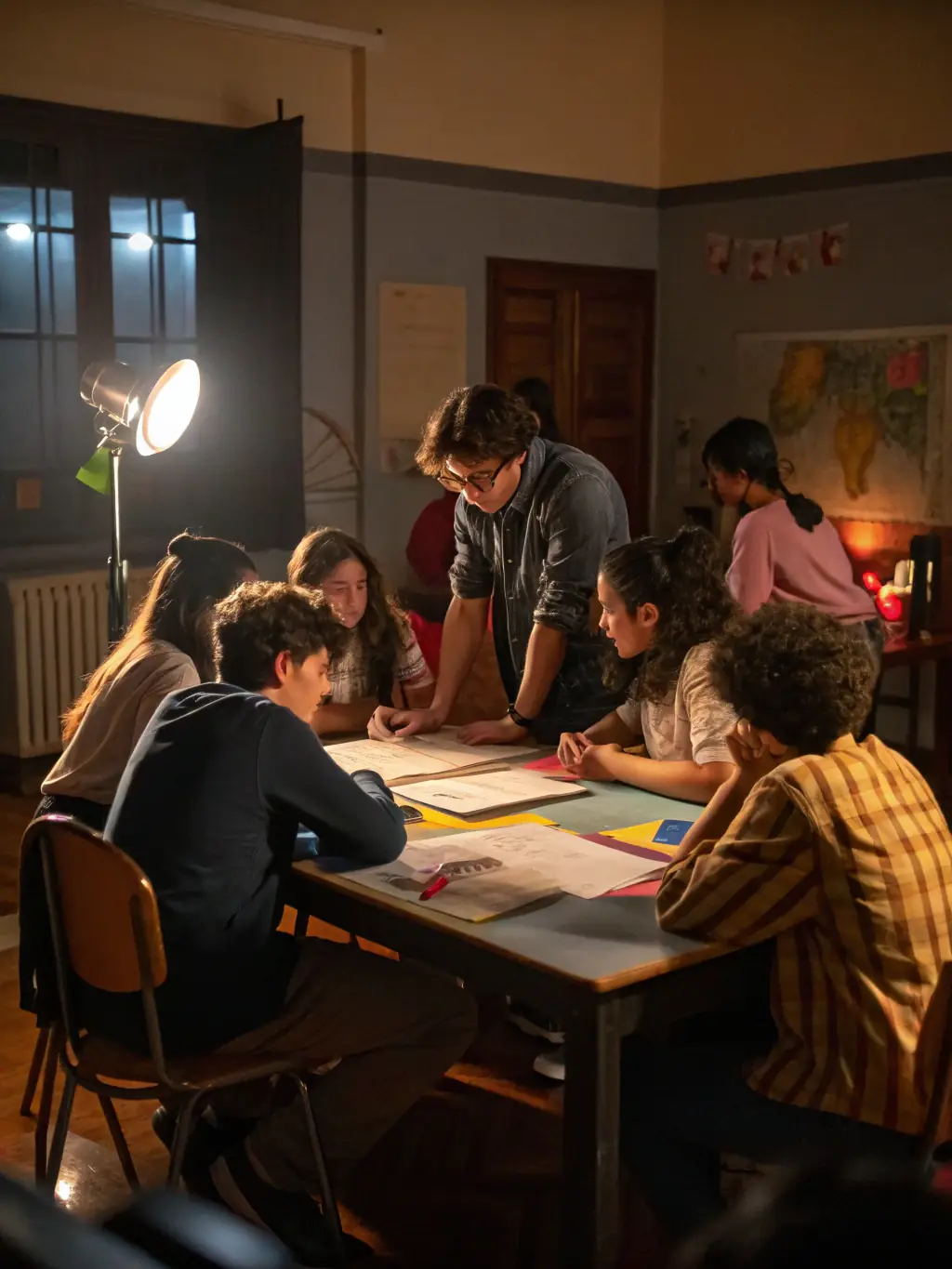 A vibrant image depicting students actively participating in a school cooperative meeting, discussing project ideas and making decisions together, showcasing the essence of School Cooperative Support.