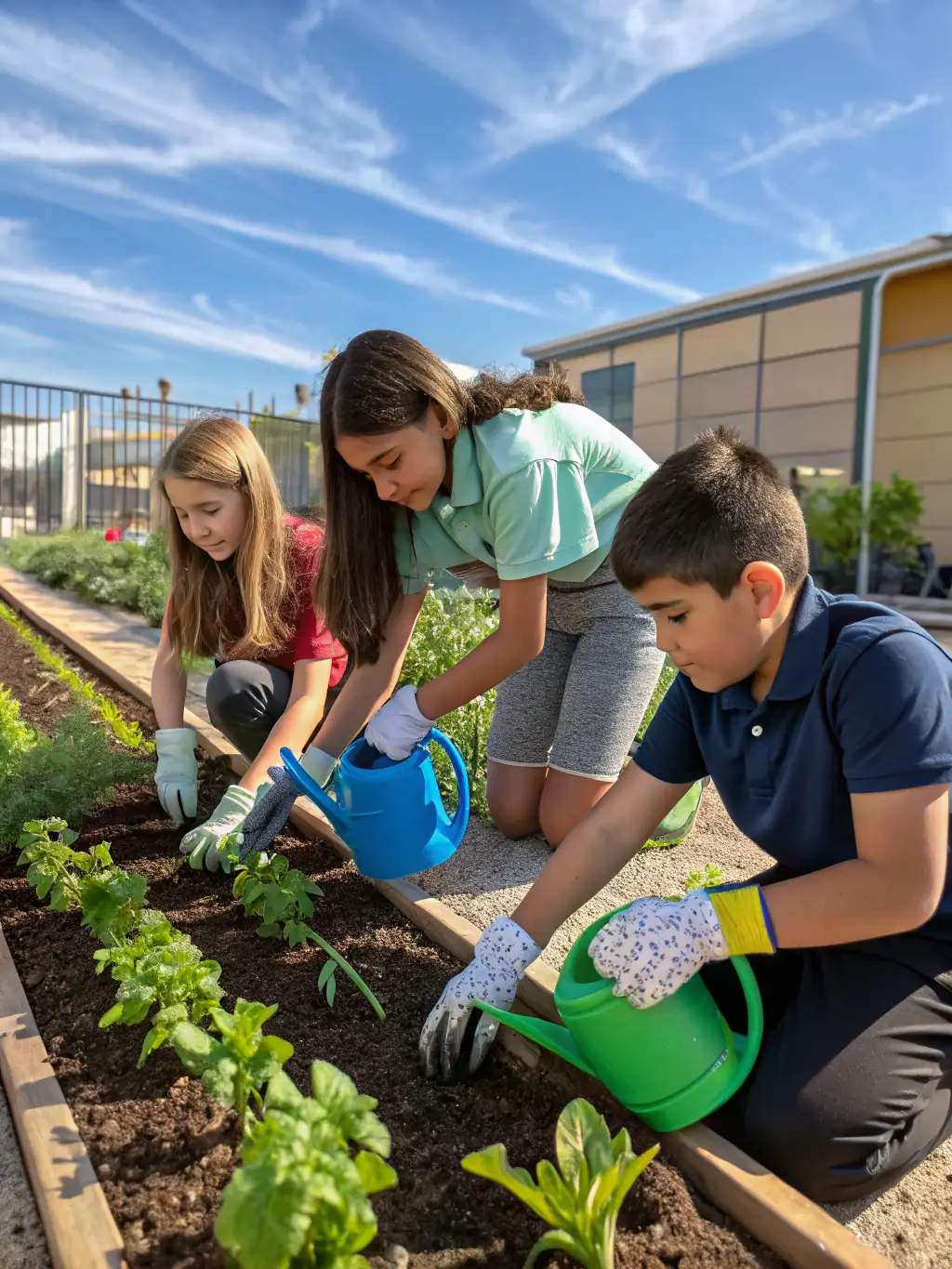 A photograph of students working together on a school garden, planting vegetables and flowers, demonstrating teamwork and environmental responsibility.