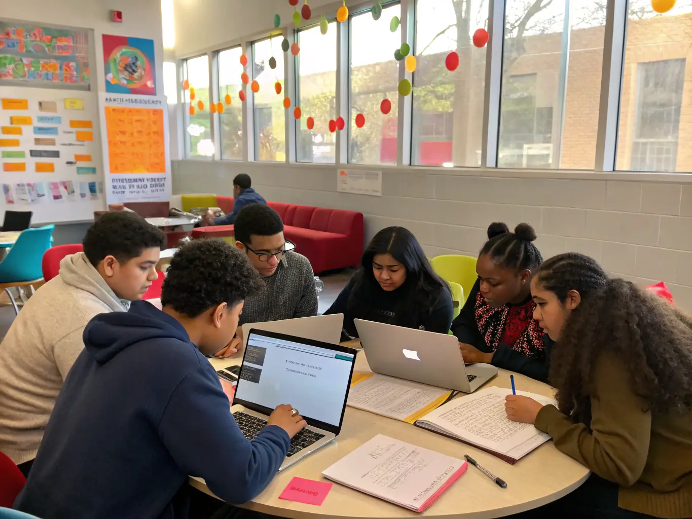 A group of students actively participating in a cooperative learning activity, showcasing teamwork and engagement in a classroom setting.