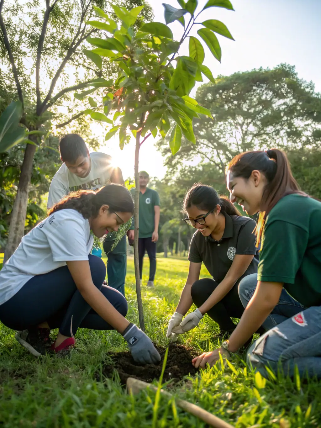 A heartwarming image of students collaborating on a community project, such as cleaning up a local park or planting trees, illustrating the impact of Community Projects.
