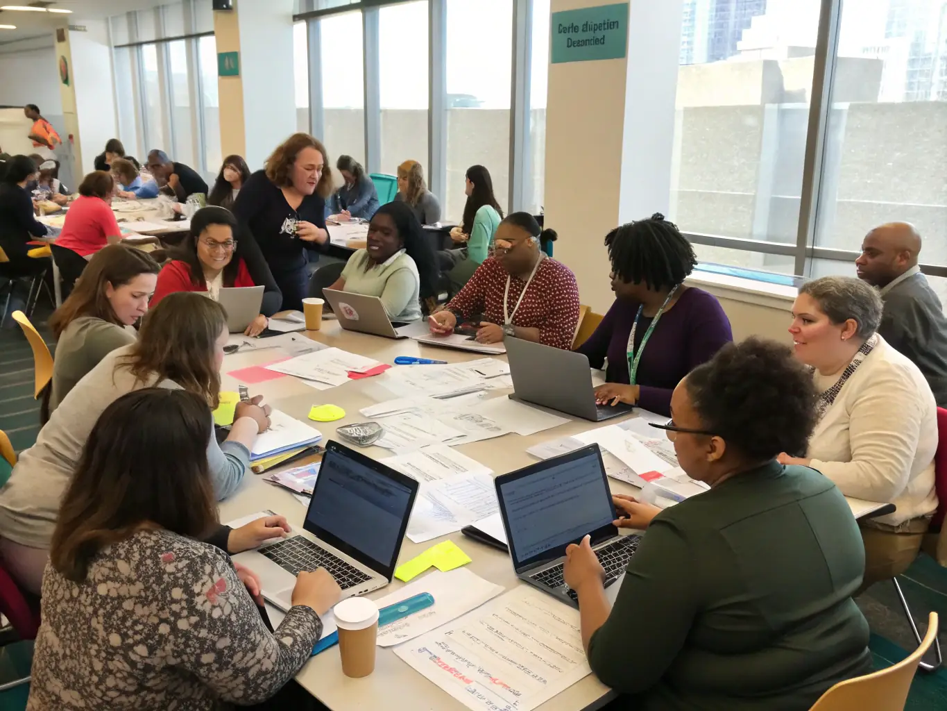 A diverse group of educators attending an OCCE workshop, learning about cooperative principles and participatory learning methods.